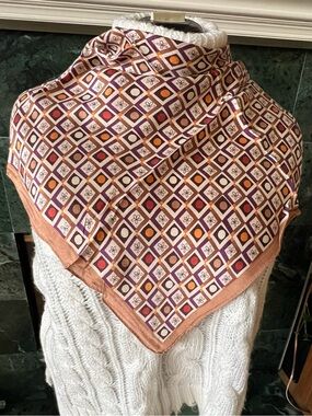 Vintage Guess Japan Geometric Silk Scarf Earth Tone Sq 20” Retro Hair Bandana